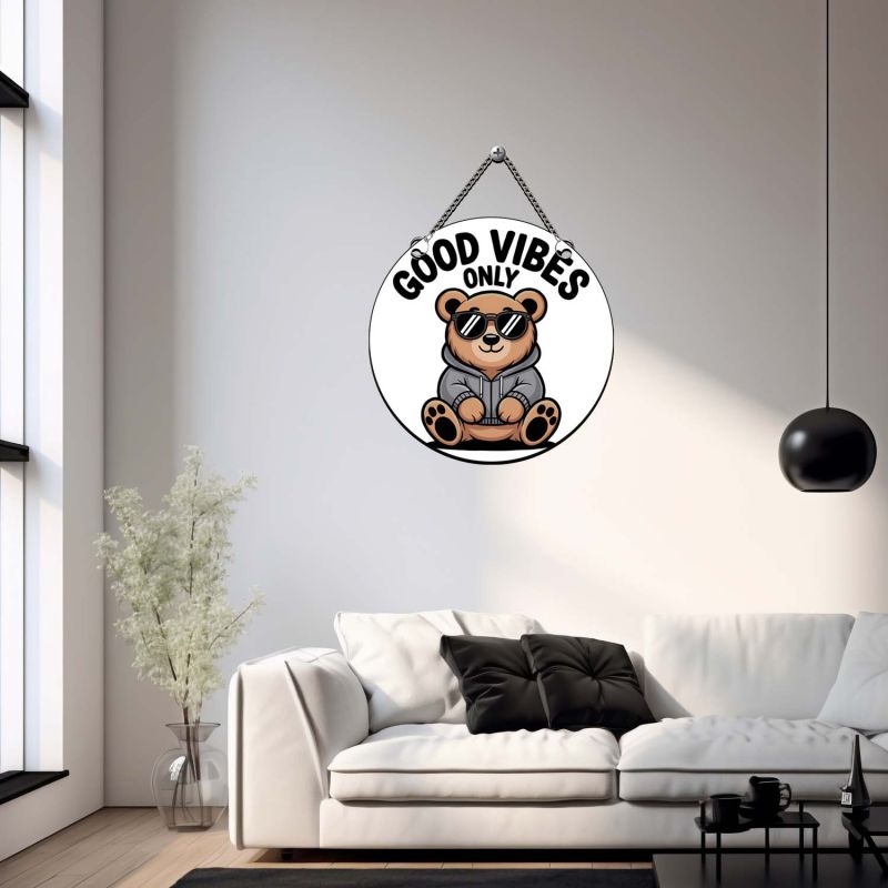Good Vibes Only Wall Hanging Cute Teddy Wall Art with Chain Hanging Wall Hanging for Living Room, Bedroom, Office, Café Inspirational Wall Art Positive Vibes Decor